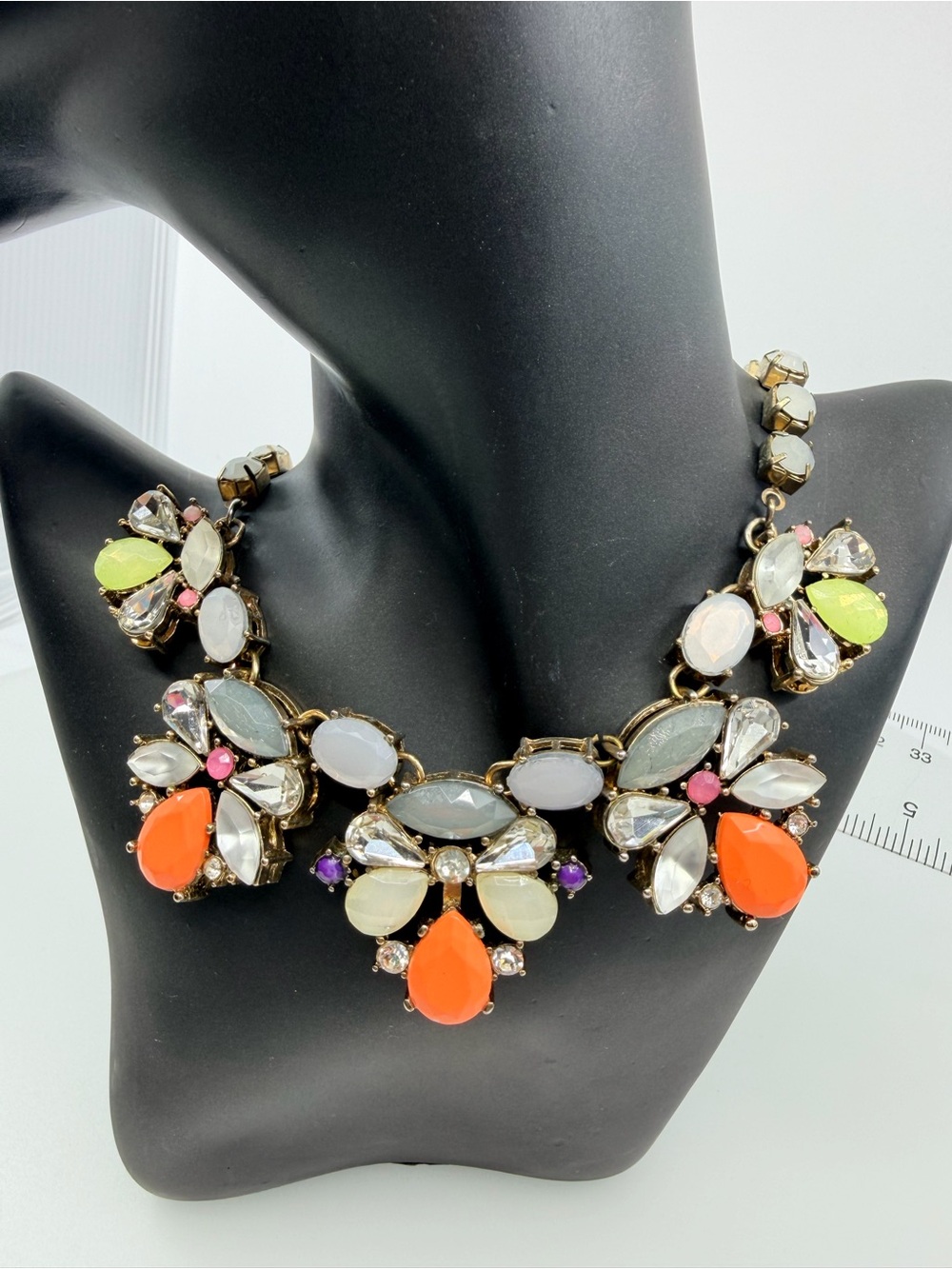 J.Crew Style Multicolor Crystal Floral Bib Statement Necklace Antique Brass